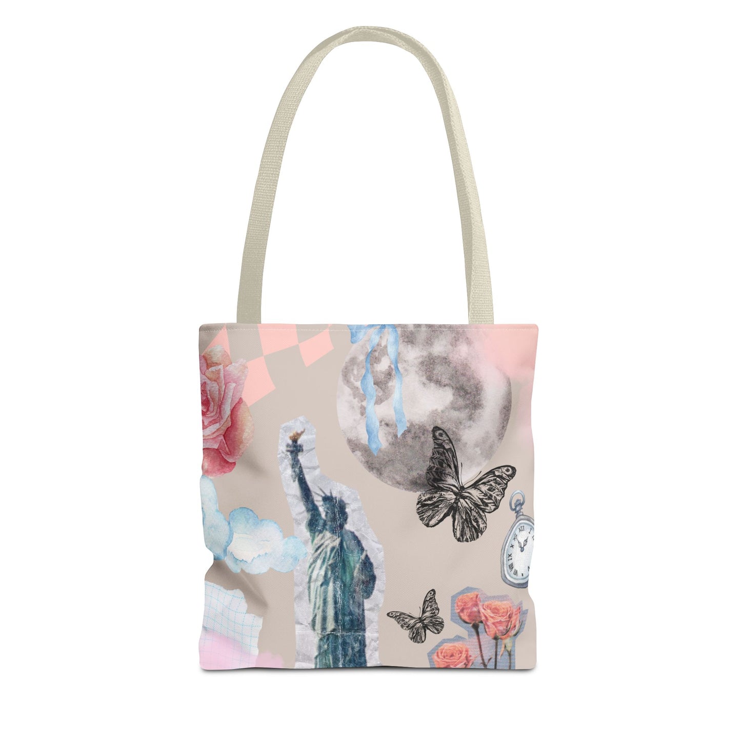 Artistic Tote Bag with Statue of Liberty & Floral Design