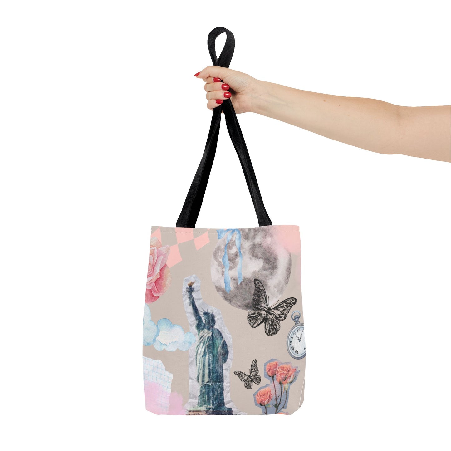 Artistic Tote Bag with Statue of Liberty & Floral Design
