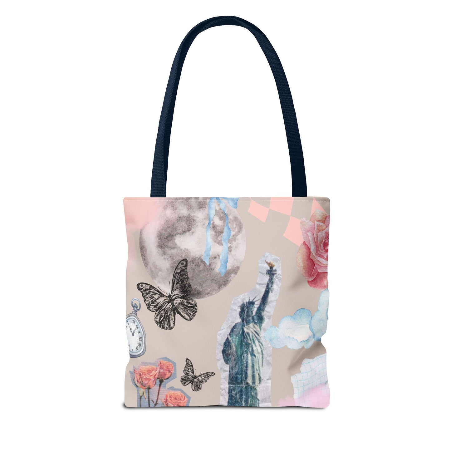 Artistic Tote Bag with Statue of Liberty & Floral Design