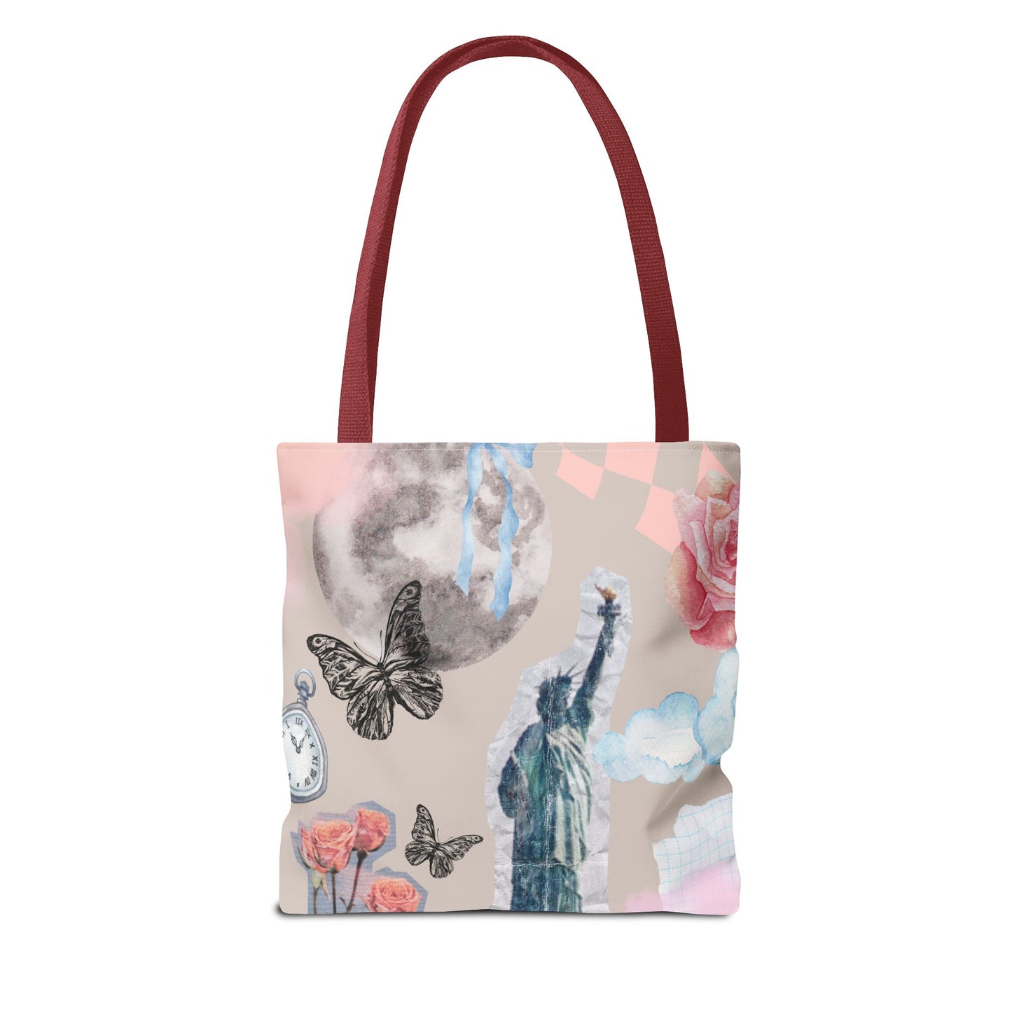 Artistic Tote Bag with Statue of Liberty & Floral Design