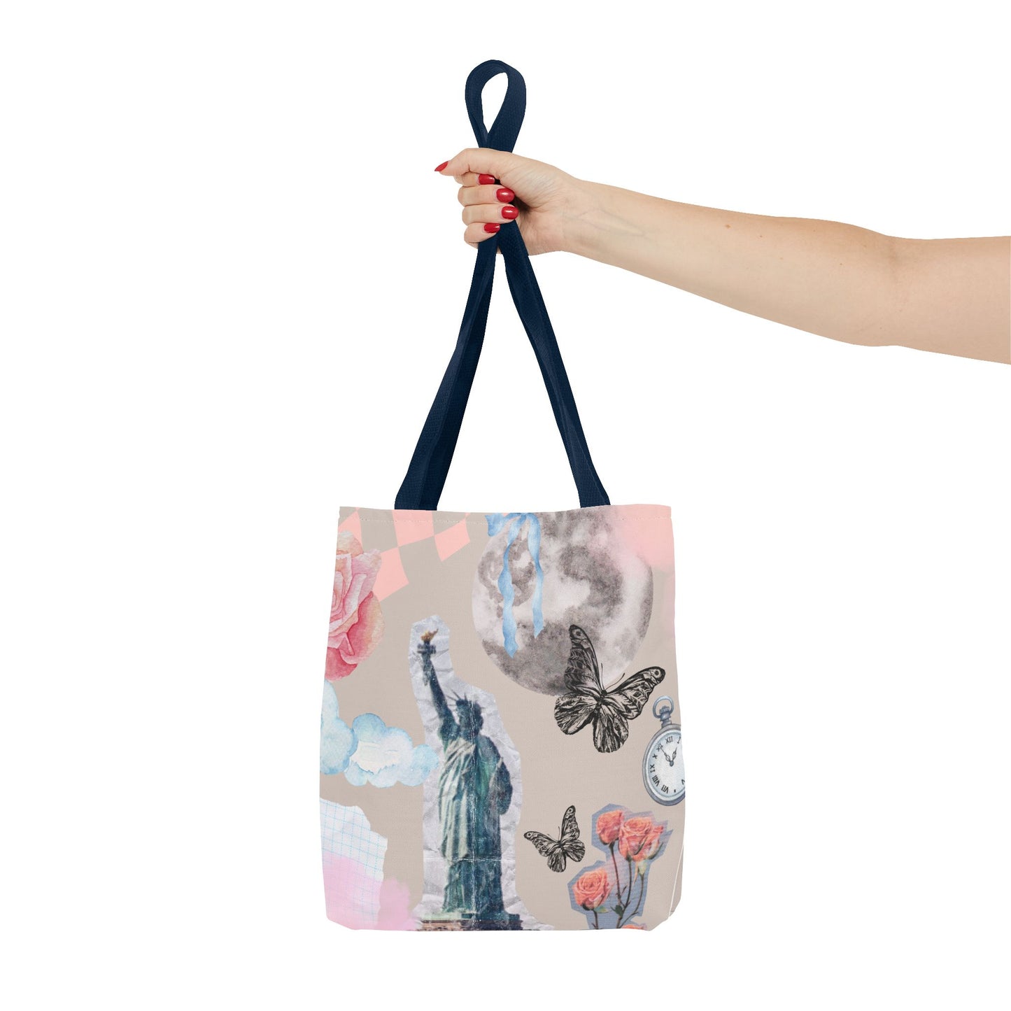 Artistic Tote Bag with Statue of Liberty & Floral Design