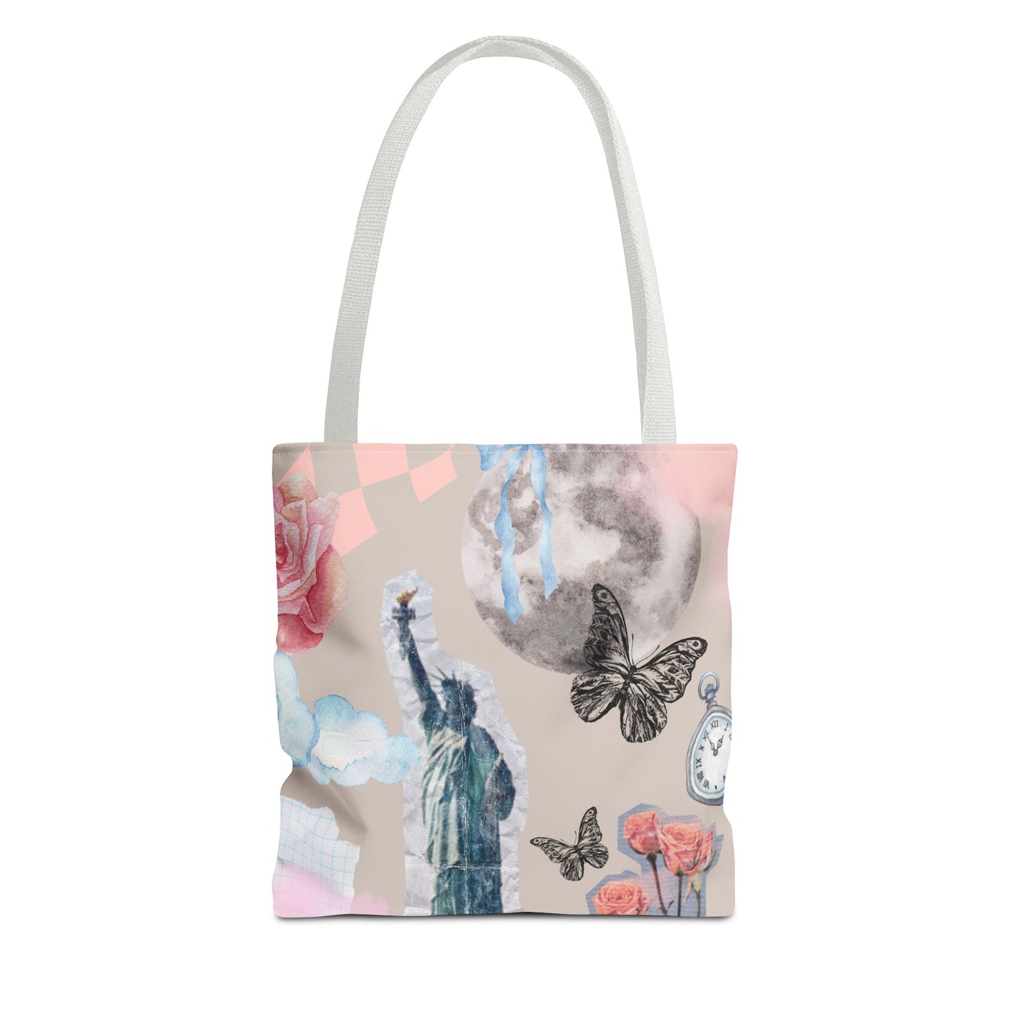 Artistic Tote Bag with Statue of Liberty & Floral Design