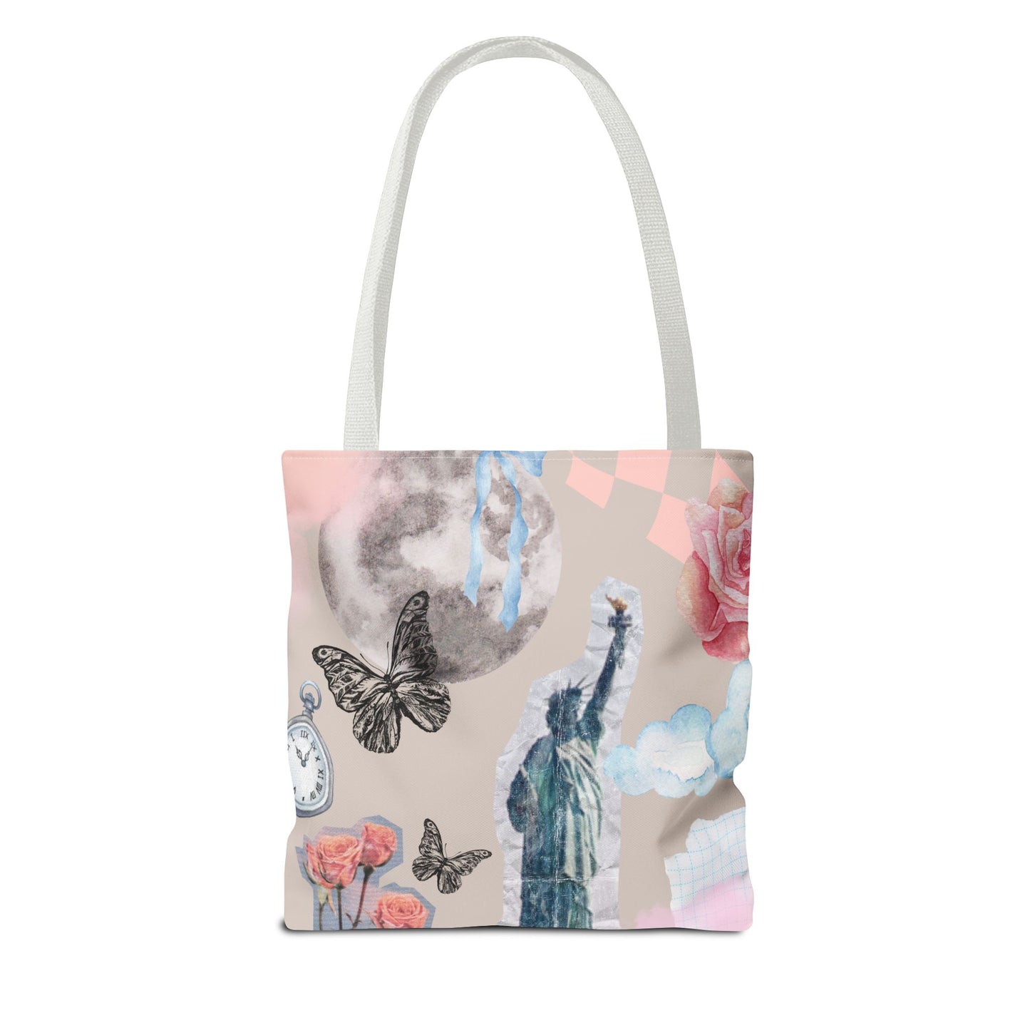 Artistic Tote Bag with Statue of Liberty & Floral Design
