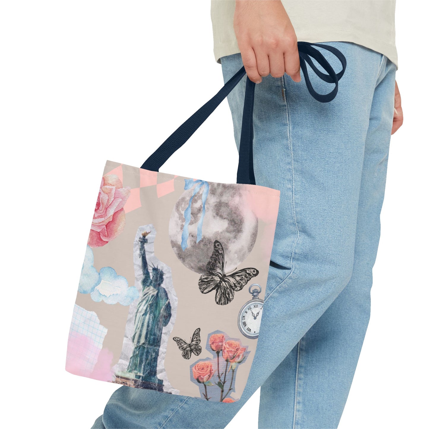 Artistic Tote Bag with Statue of Liberty & Floral Design