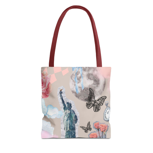 Artistic Tote Bag with Statue of Liberty & Floral Design