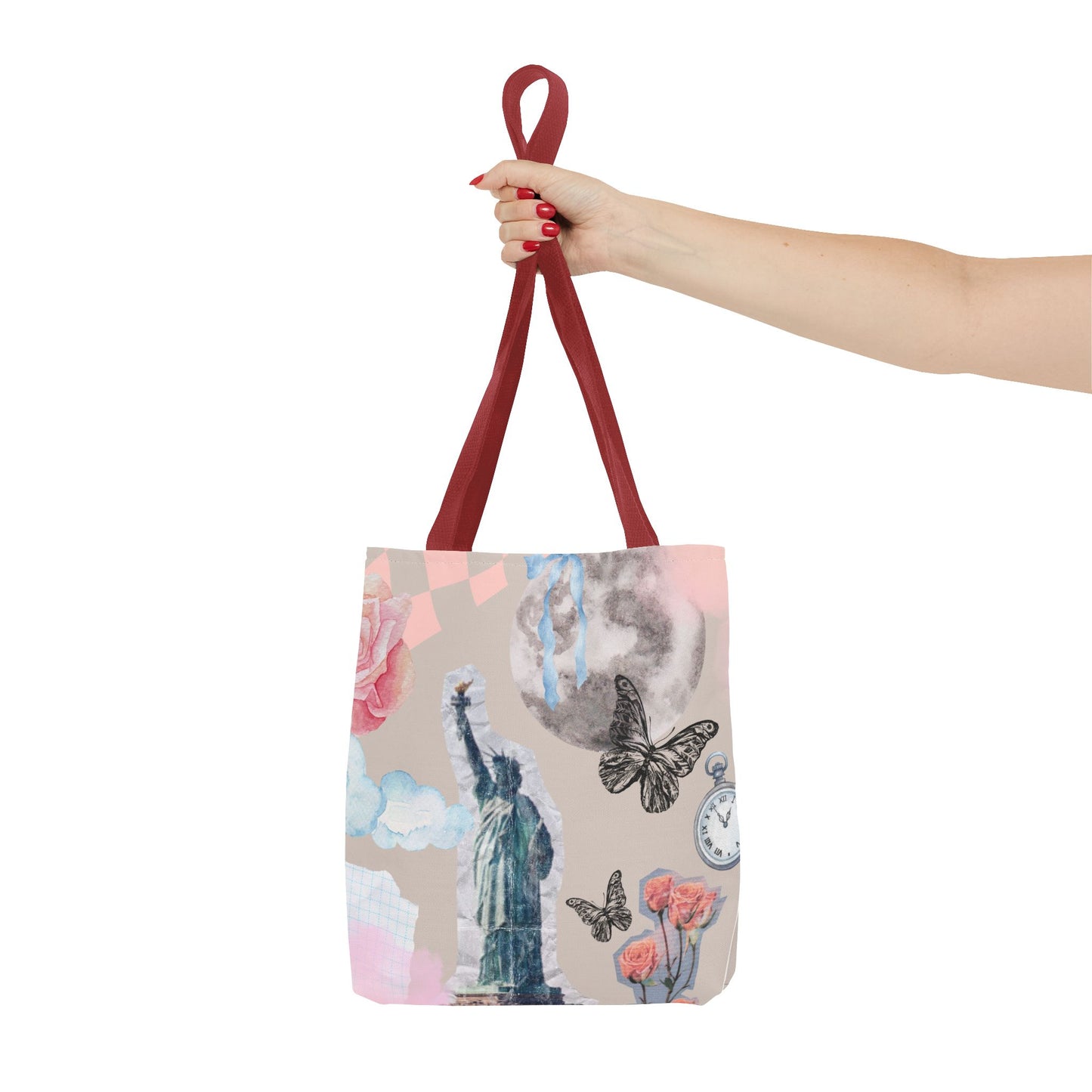 Artistic Tote Bag with Statue of Liberty & Floral Design