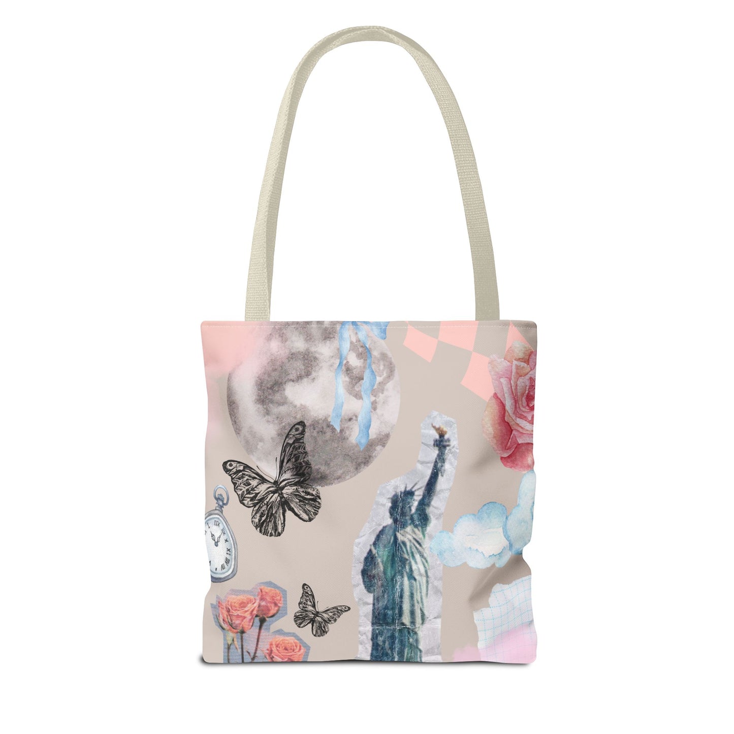 Artistic Tote Bag with Statue of Liberty & Floral Design
