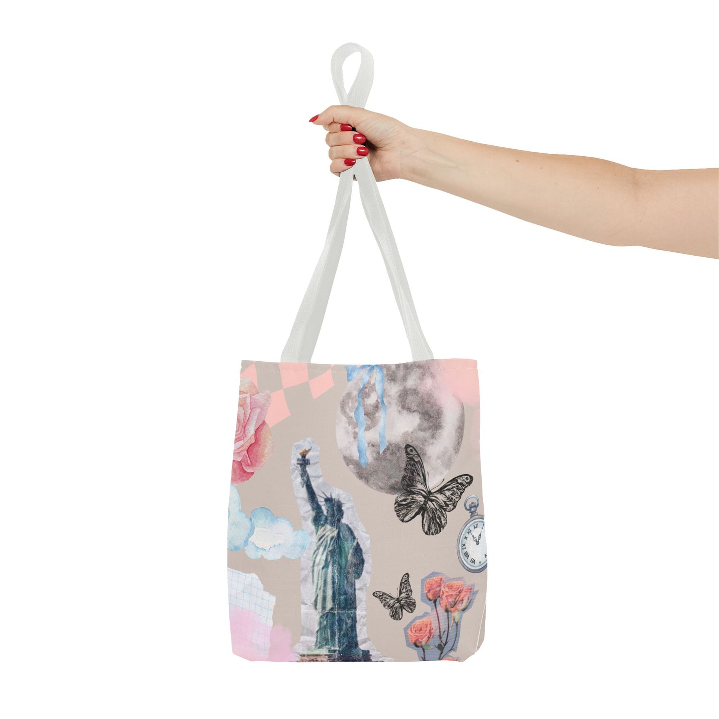 Artistic Tote Bag with Statue of Liberty & Floral Design
