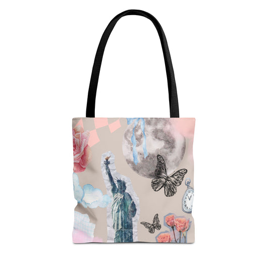 Artistic Tote Bag with Statue of Liberty & Floral Design